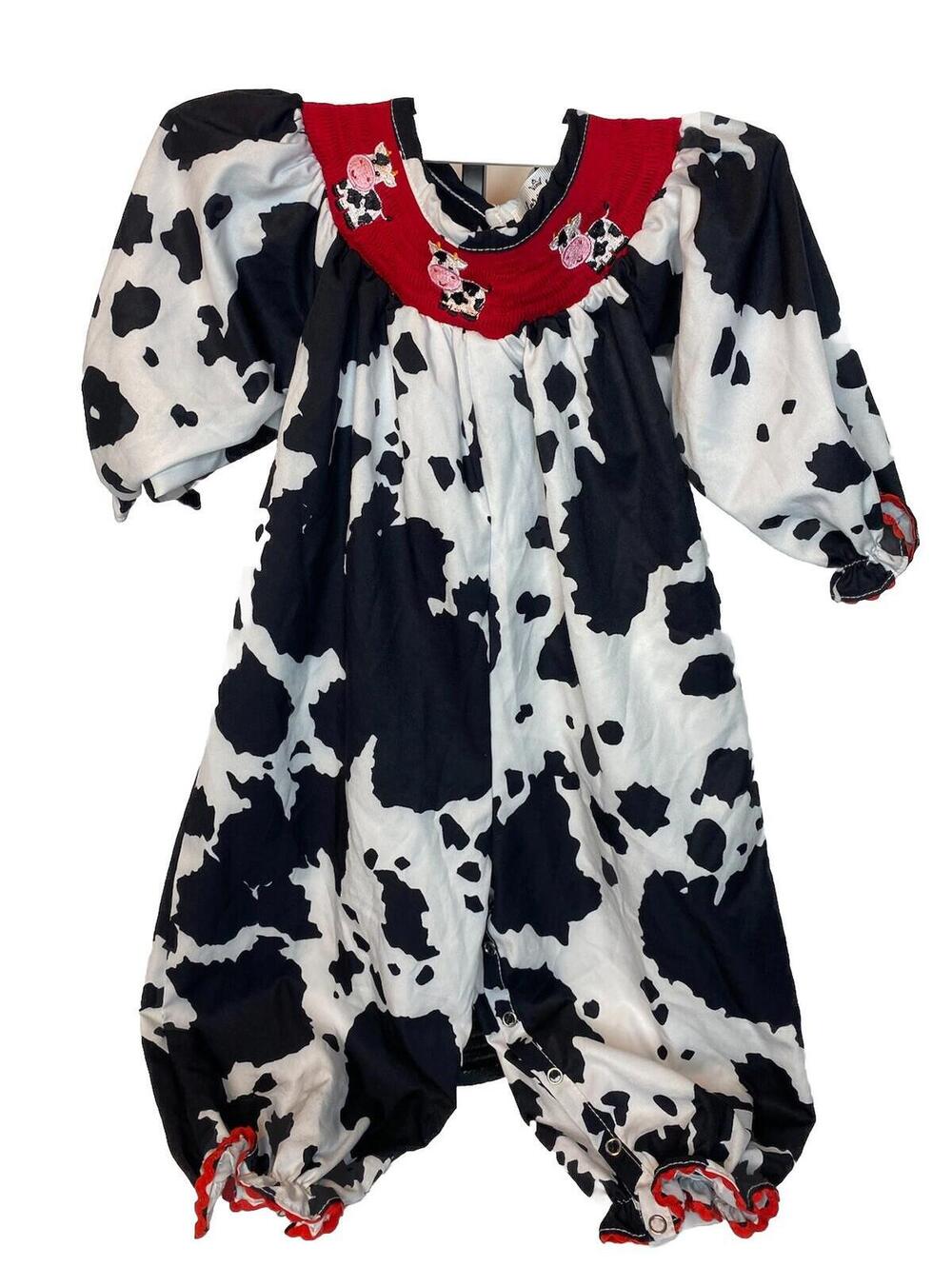 Smocked Cow Print Romper Jumpsuit Boutique Sz  12-28M Baby Girls Halloween - Picture 2 of 10